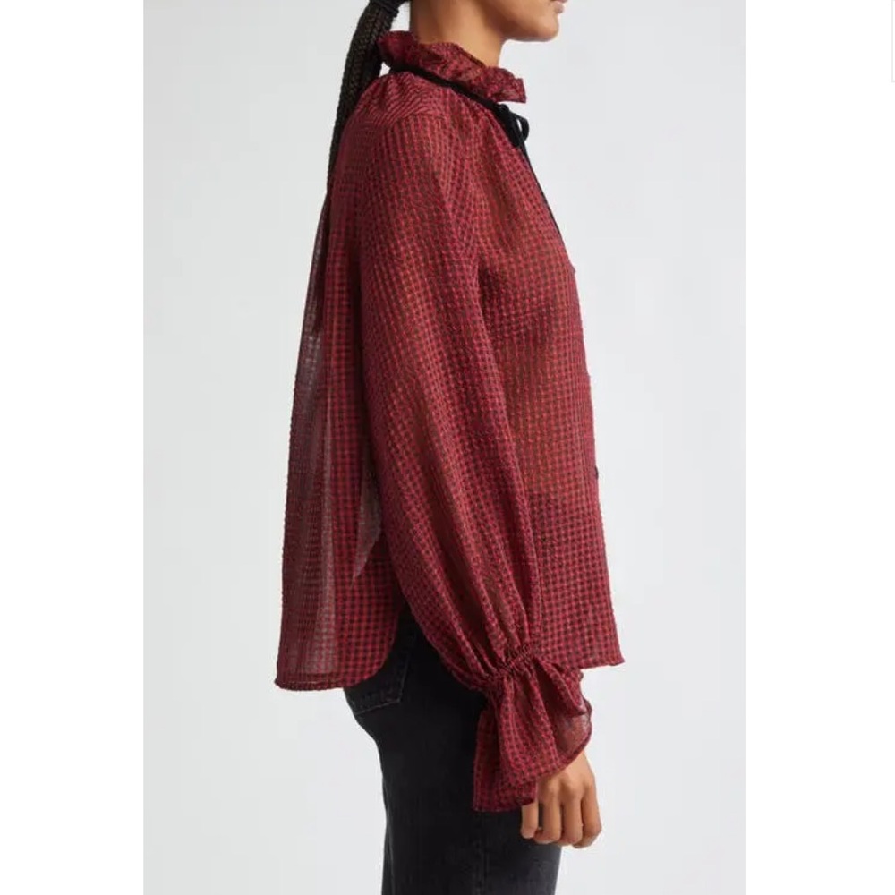 Ganni Red & Black Check Seersucker Tie Neck Shirt ♥️ - Picture 4 of 15